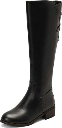 Generic Womens Round Toe Block Heels Knee High Riding Boots Pull On Wide Calf Winter Casual Versatile Shoes with Buckle (Black,7.5)