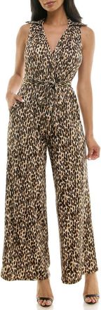 Nina Leonard Sleeveless Faux Wrap Jumpsuit in Tan Multi at Nordstrom Rack, Size X-Large