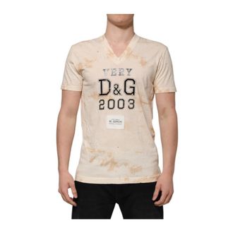 Dolce & Gabbana T-Shirts, male, Beige, Size: L Logo Print Short Sleeve V-neck T-shirt