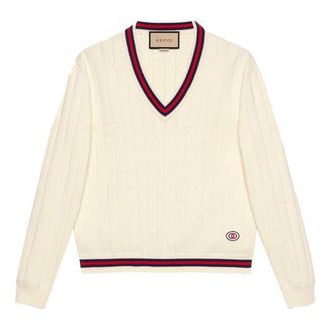 Gucci Mens Gucci SS21 Knit V Neck Webbing Wool Sweater Beige 653626-XKBUR-9182