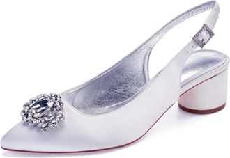 Generic Slingback Wedding Heels Womens Bridal Pointed Toe Chunky Heels Prom Evening Formal Party Pumps Shoes 4.5Cm,White,8 UK