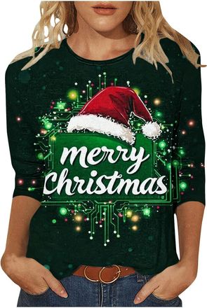 Generic Christmas Tops for Women Novelty Funny Xmas Tees Elk Snowman Print 3/4 Sleeeve Blouse Lightweight Christmas Jumpers Xmas T Shirts Women Holiday Tunic 