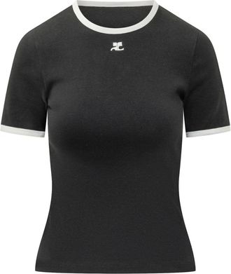 Courr&egrave;ges Tops, Dames, Zwart, M, Katoen, Signature Contrast Tee