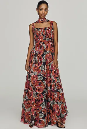 Mac Duggal Square-Neck Scarf Maxi Dress