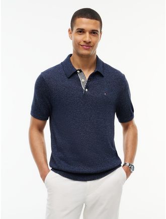 Tommy Hilfiger Mens Short-Sleeve Heathered Sweater Polo - Navy Blue - XXL