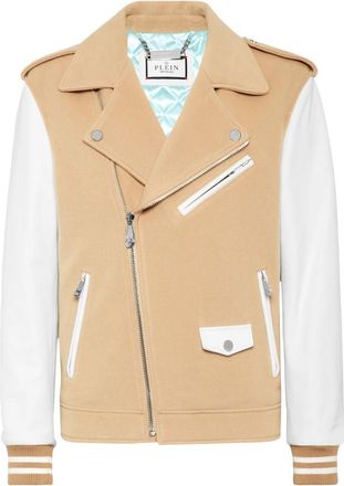 Philipp Plein Wool and Leather Biker - Heren - Zomerjassen - Beige - 2XL - Wol - Jassen