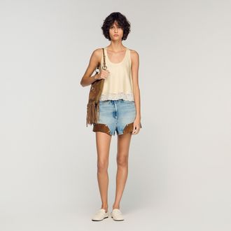 Sandro Satin top with lace trim