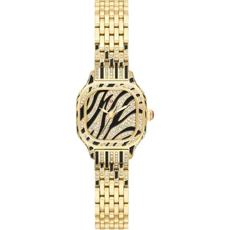 Michele Mini Meggie Zebra Dial Diamond Bracelet Watch, 23mm x 25mm in Black/gold at Nordstrom