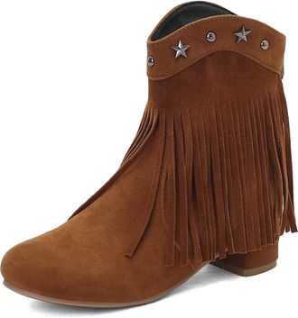 Generic Womens Retro Tassel Star Studded Ankle Boots Soft Suede Comfortable Low Block Heels Non-Slip Wear-Resistant Sole for Daily Casual Street,Brown,6.5 UK