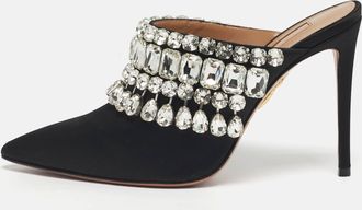 Aquazzura Black Satin Crystal Embellished Palace Mules