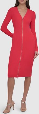 DKNY Front Zip Long Sleeve Rib Midi Dress in Watermelon at Nordstrom, Size X-Large