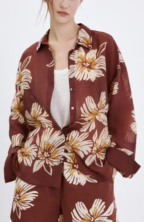 Mango Floral Button-Up Shirt in Burgundy at Nordstrom, Size 10