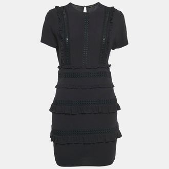 Maje Blak Crepe Cutwork Lace Detail Mini Dress