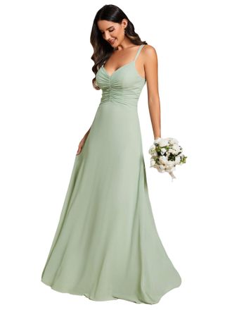 Ever-pretty Women Dress Maxi Bridesmaid Dress Adjustable Spaghetti Straps with Deep V Backless Chiffon Elegant Wedding Guest Dress Mint Green 16UK