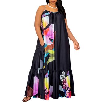 Buxom Couture Floral Print Voluminous Maxi Dress in Black Multi at Nordstrom