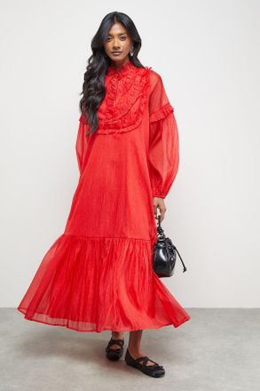 Oasis Womens Premium Crinkle Stripe Organza Frill Pleat Detail Midi Dress - Red - Size 14 UK