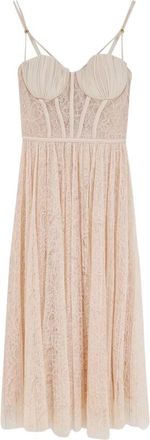 Elisabetta Franchi Midi-jurk van bloemenkant - Dames - Feestkleedjes - Beige - M - Kleedjes