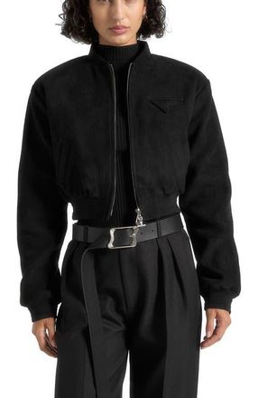 Mani&egrave;re De Voir Monique Suede Wide Shoulder Bomber Jacket in Black at Nordstrom, Size 10