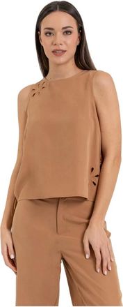 Kocca Tops, Dames, Beige, XS, Linnen, Mouwloze Blouse met Bloemige Uitsnijdingen en Zijbandjes