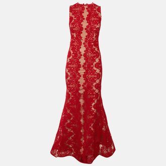 Alice & Olivia Alice + Olivia Red Floral Lace Sleeveless Gown