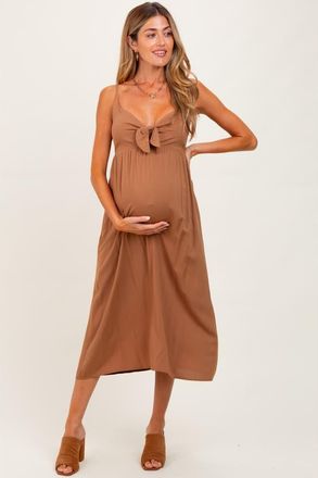 Pinkblush Front Tie Sleeveless Midi Dress in Camel at Nordstrom, Size Medium