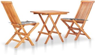 vidaXL Set De Bistr&oacute; 3 Piezas Madera De Teca Y Cojines A Cuadros Gris Vidaxl