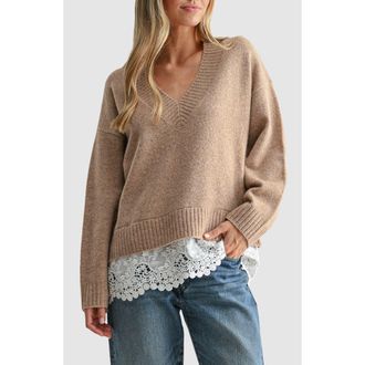 All in Favor Lace Hem V-Neck Sweater in Taupe at Nordstrom, Size X-Small