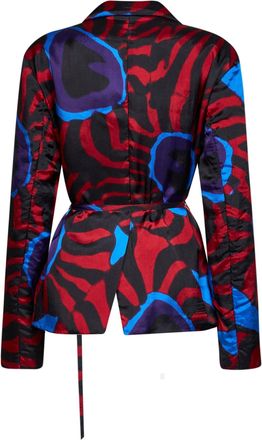 Dries Van Noten Womens Belted Blazer Marbled Clay Print Red Multicolour Canvas Jacket