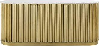 Maisons du monde Aparador con 3 puertas de metal condulado color lat&oacute;n y m&aacute;rmol blanco 185 cm