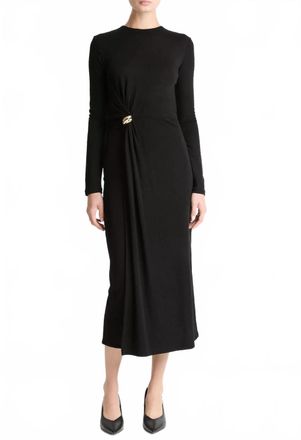 Vince Cinched-Waist Wool-Blend Long-Sleeve Dress In Black