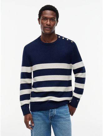 Tommy Hilfiger Mens New York Label Breton Stripe Sweater - Carbon Navy/Ivory Petal - L