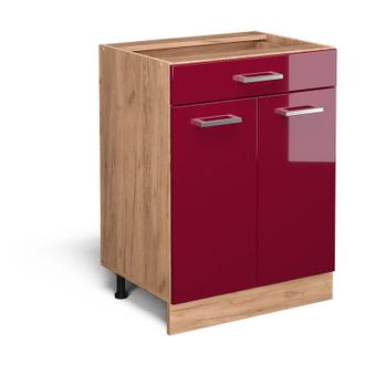 Vicco Mobiletto base per cucina R-Line, Rosso bordeaux lucido, 60 cm con cassetto, senza piano di lavoro Vicco