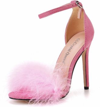 Generic Womens Ankle Strap Stiletto Heels Sandals Faux Fluffy Feather Heeled Sandals Wedding Bridal Party Dress Pumps Shoes,Pink,13 UK