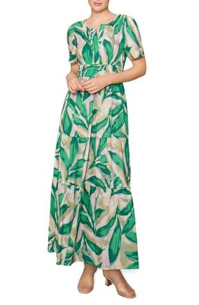 Melloday Short Sleeve Tiered Maxi Dress in Multi Green Leaf at Nordstrom, Size X-Small
