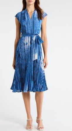 Tahari by ASL Printed Pliss&eacute; Tie Waist Midi Dress in Blue Multi at Nordstrom, Size 16