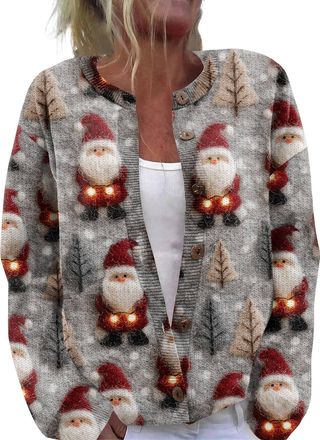 Generic Womens Cropped Christmas Jumpers Cardigan Funny Ugly Xmas Holiday Knit Jumper Long Sleeve Button Down Cardigan with Ribbed Cuffs Casual Festive Winter