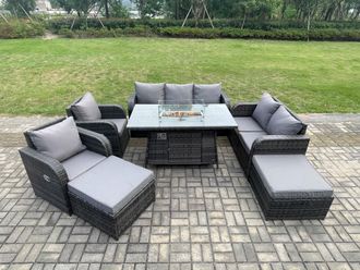 Fimous Garden Patio Furniture Wicker Rattan Gas Fire Pit Table & Sofa Chair set with 2 Big Footstool in Dark Grey