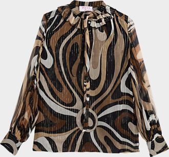 Pucci Marmo Print Long-Sleeve Silk Blouse
