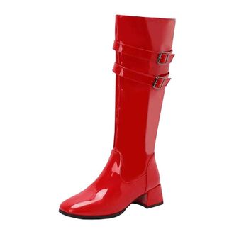 Generic Womens Knee High Boots Square Toe Medium Chunky Heel With Side Zipper And Belt Clasps For Daily Leisure Wear