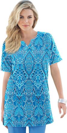 Roaman's Plus Size Soft Knit Print Tunic With Notch Neckline in Ocean Bold Ikat at Nordstrom, Size Medium