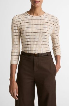 Vince Plaid Cotton Blend Crewneck Sweater in Wheatstone Combo at Nordstrom, Size Xx-Small
