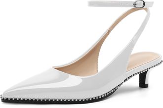EDEFS Womens White Patent Leather Pointed Toe Ankle Strap Heels - 1.5 Kitten Heel Studded Slingback Pumps for Party