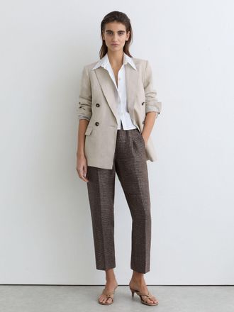 Reiss Brown Petite Woven Linen Cropped Tapered Trousers, 14