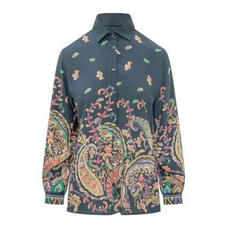 Etro Etro, Shirts, female, Black, Size: 2XL Silk Shirt with Placed Floral Paisley Print