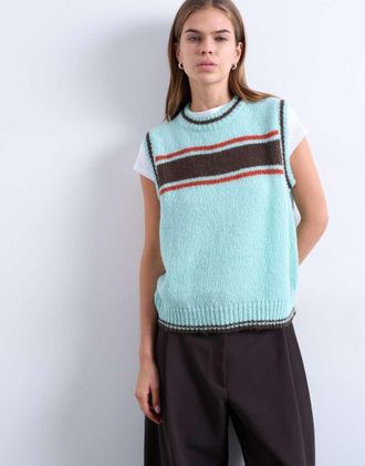 Topshop Canotta vintage in maglia turchese con righe-Blu