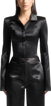 Mani&egrave;re De Voir Louise Wide Shoulder Satin Shirt Bodysuit in Black at Nordstrom, Size 10