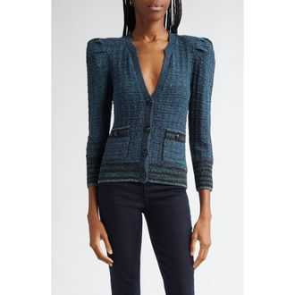 L'agence Jenni Puff Shoulder Waffle Stitch Cardigan in Deep Teal Multi at Nordstrom Rack, Size Xx-Large