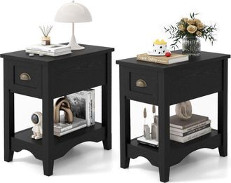 Costway 2 PCS Side End Table Retro Side Table Rectangular Nightstand-Black