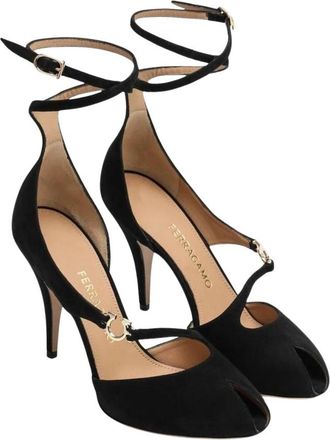 Ferragamo Suede Peep-Toe Ankle Strap Heels - Dames - Pumps - Zwart - 37 1/2 EU - Su&egrave;de - Schoenen
