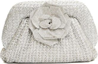Twentyfourhaitch Woven Silver Clutch With Rhinestone Rose Detail